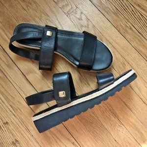 Lauren Ralph Lauren Leather Sandals Black Chunky Heel Platform Espadrille Size 8